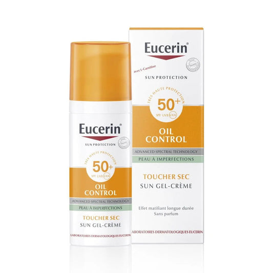 crème solaire peau grasse, eucerin oil control, gel-crème spf 50, écran solaire non comédogène, protection solaire acné, crème solaire fini mat, solaire sans parfum, protection UVA UVB visage, crème solaire maquillage, eucerin solaire maroc, crème solaire anti-brillance