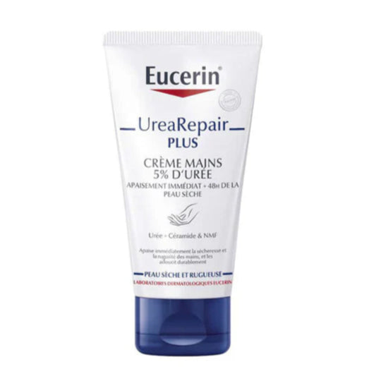 Eucerin UreaRepair PLUS, Crème Mains, 5% d'Urée, crème hydratante mains, soin mains sèches, crème peau sensible, beauté, hydratation peau sèche, soins des mains, Eucerin Maroc, produits Eucerin, BeautyFamily.ma, crème réparatrice mains, psoriasis, eczéma, soins peau abîmée, hydratation intensive, soin mains Maroc