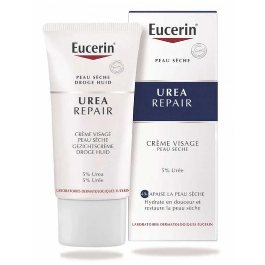 Eucerin UreaRepair, Crème Visage, 5% d'Urée, hydratation visage, soin peau sèche, réparation peau, crème peau sensible, soins visage, urée, crème hydratante, peau déshydratée, Eucerin Maroc, BeautyFamily.ma, peau apaisée, soin quotidien visage, tiraillements peau, crème réparatrice visage