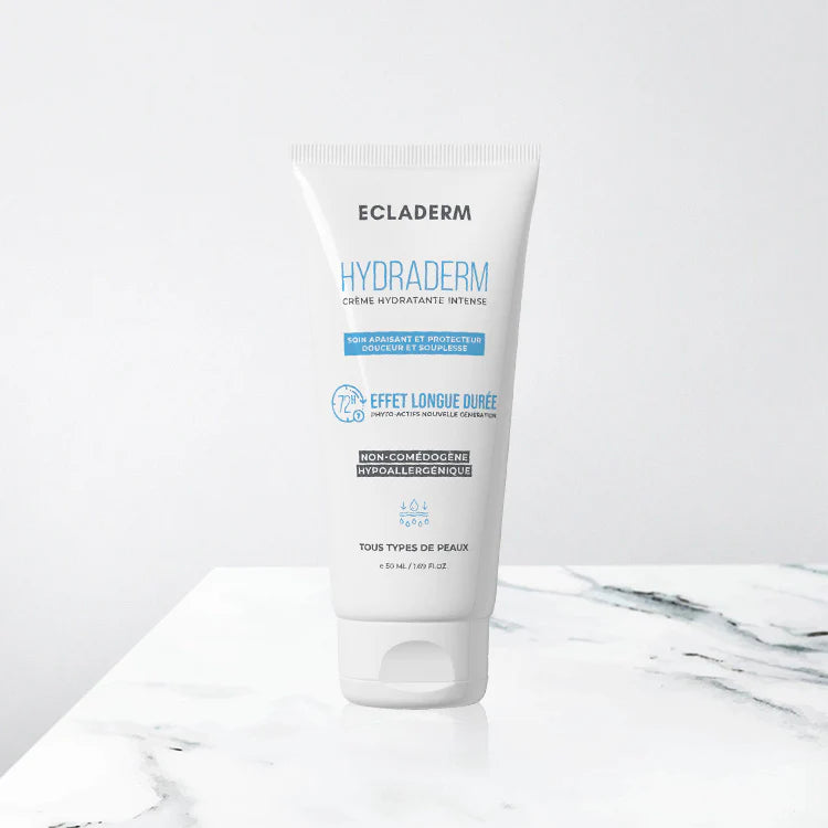 crème hydratante 72h Ecladerm, hydratation intense visage, acide hyaluronique peau sèche, crème visage non grasse, soin peau sensible Maroc, Ecladerm HydraDerm Maroc, crème hydratante légère, BeautyFamily hydratation
