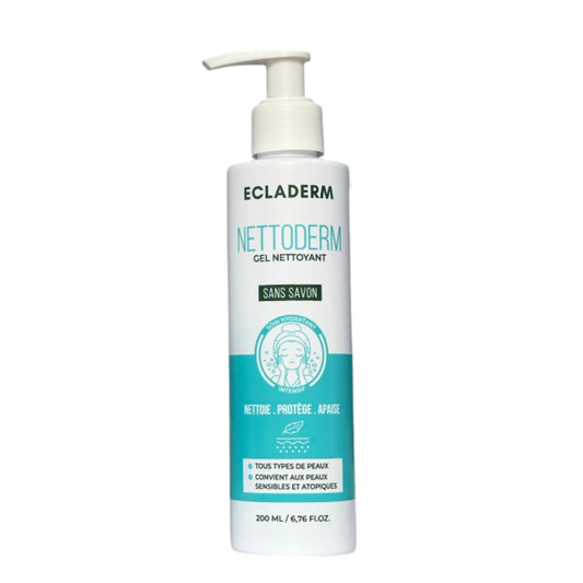 gel nettoyant visage sans savon, nettoyant doux Ecladerm, gel nettoyant peau sensible, Ecladerm Nettoderm Maroc, nettoyant sans sulfate, soin visage quotidien Maroc, gel nettoyant non comédogène, nettoyant apaisant visage, BeautyFamily soins Ecladerm
