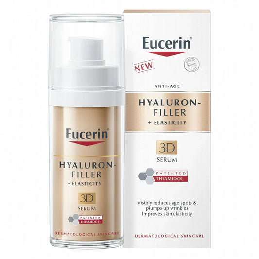 Eucerin Hyaluron-Filler, sérum anti-âge, acide hyaluronique, extrait de thé vert, sérum raffermissant, sérum anti-rides, amélioration élasticité peau, soin anti-âge, peau ferme et lisse, soin anti-rides, soin hydratant, peau éclatante, sérum 3D, BeautyFamily.ma, sérum peau mature