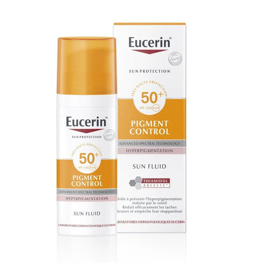fluide solaire anti taches Eucerin, SPF50 pigment control Maroc, crème solaire anti pigmentation, protection UV visage, fluide unifiant teint, solaire non gras Eucerin, anti taches visage SPF50, Eucerin pigmented skin, BeautyFamily soleil peau unifiée