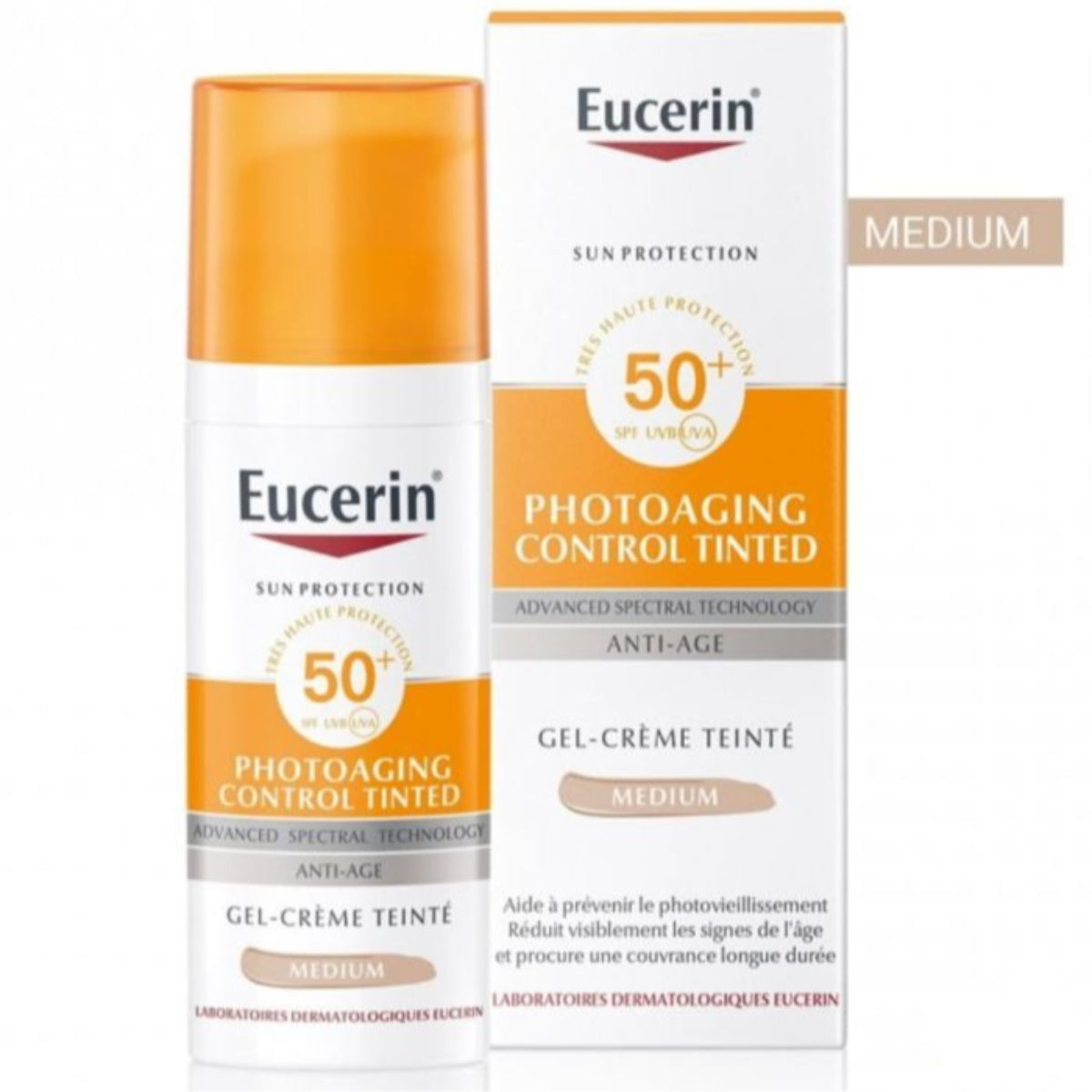 sunscreen teinté SPF50 Eucerin, gel-crème anti-âge teinté, protection UV habile, fluide teinté visage Maroc, écran solaire unifiant teint, Eucerin Photoaging Control, solaire anti-rides teint, fluide SPF50 non gras, solaire post-peeling, BeautyFamily solaire teinté
