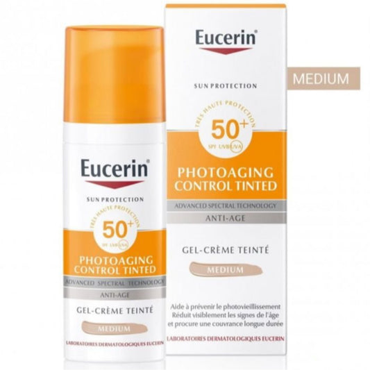 sunscreen teinté SPF50 Eucerin, gel-crème anti-âge teinté, protection UV habile, fluide teinté visage Maroc, écran solaire unifiant teint, Eucerin Photoaging Control, solaire anti-rides teint, fluide SPF50 non gras, solaire post-peeling, BeautyFamily solaire teinté
