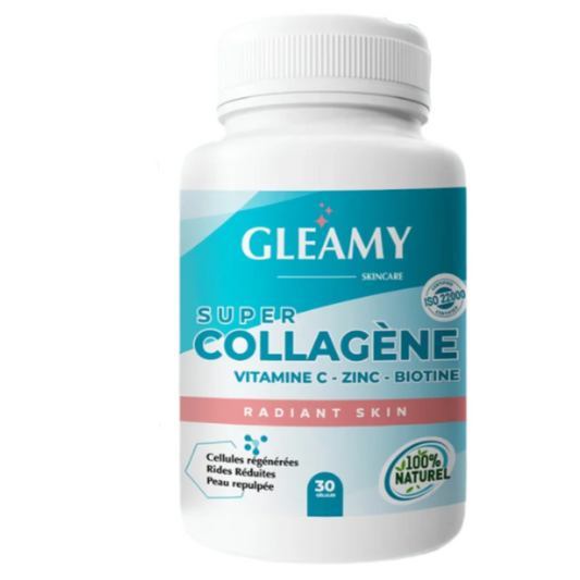gleamy collagène maroc, complément beauté peau, collagène marin gélules, anti-âge naturel, éclat du teint, rides collagène, gleamy maroc, beautyfamily.ma, zinc biotine peau