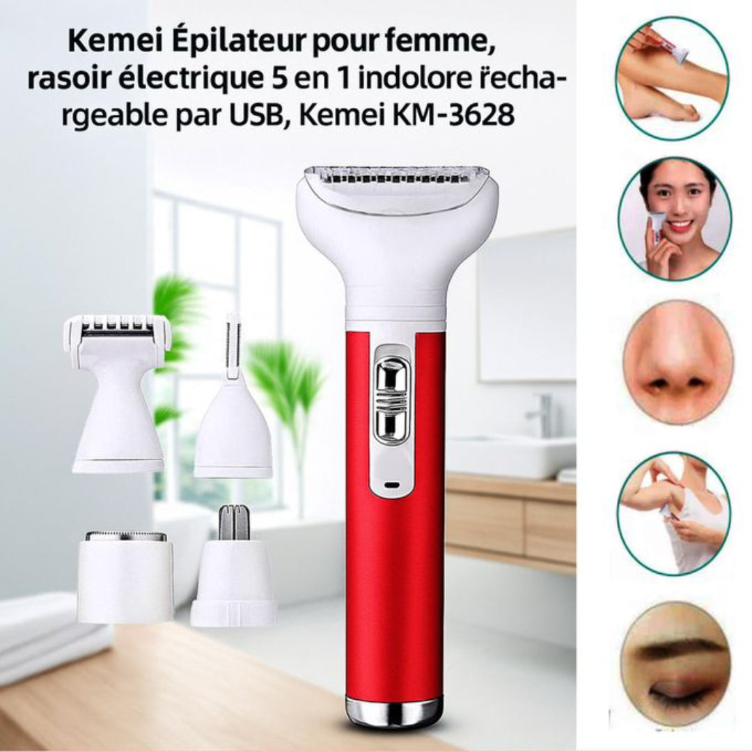 Kemei KM-3628 Rasoir Électrique Multifonction Indolore Rechargeable USB, Têtes Interchangeables