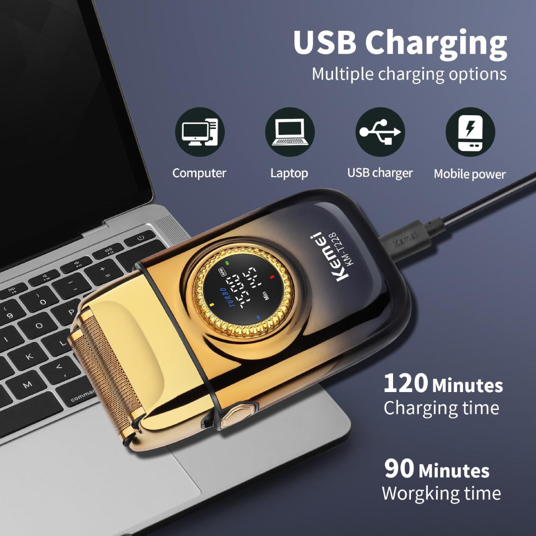 KEMEI KM-T228 Rasoir Electrique a grille pour homme sans fil rechargeable avec écran LED 3vitesses sec et humide