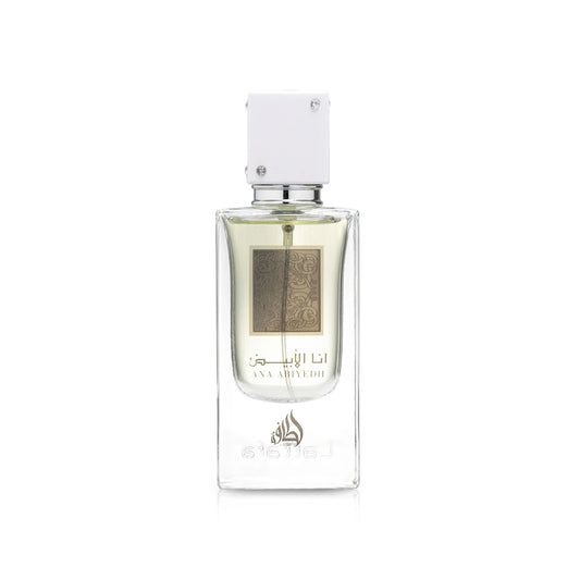 Lattafa Ana Abiyedh, Ana Abiyedh Eau de Parfum 60 ml, parfum Lattafa oriental fruité, parfum musqué Longue Tenue, parfum vanille poire, parfum frais et doux, acheter parfum Lattafa Maroc, beautyfamily.ma, أنا أبيض