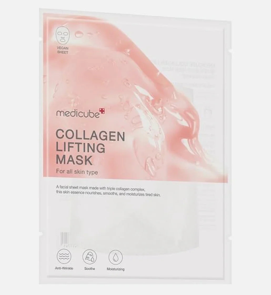 Medicube, Collagen Lifting Mask, masque gel visage, soin raffermissant, PDRN, collagène hydrolysé, niacinamide, anti-âge, hydratation intense, éclat peau, lifting visage, masque coréen, soins du visage Maroc, beautyfamily.ma
