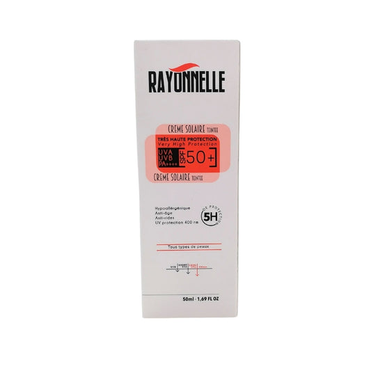 crème solaire teintée SPF 50, Rayonnelle solaire teintée, écran solaire visage Maroc, protection UVA UVB teintée, crème solaire peau sensible, crème solaire non grasse, base solaire maquillage, crème solaire anti-âge