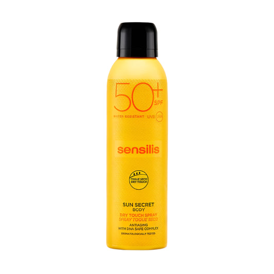 sensilis sun secret body dry touch spray spf50+, spray solaire corps anti-âge, protection solaire corps spf50 maroc, écran solaire toucher sec, spray solaire résistant à l’eau, soin corps anti photovieillissement, spray solaire peau sensible, protection uv haute, spray solaire transparent, écran solaire hydratant vitamine e