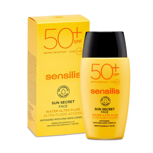sensilis sun secret water ultra fluide spf50+, fluide solaire visage anti-âge, protection solaire visage légère, écran solaire non comédogène, fluide base eau fini mat, soin solaire peau sensible, protection UV visage maroc, sensilis maroc, beautyfamily.ma
