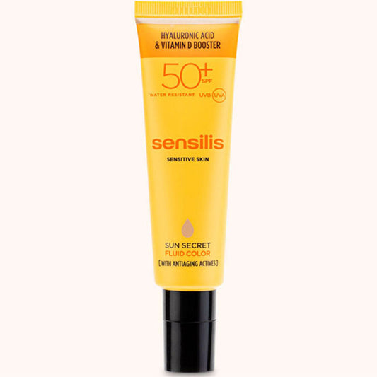 sensilis sun secret fluid color, solaire teinté anti âge, crème solaire visage teintée, sensilis spf50 maroc, protection solaire anti âge, fluide solaire visage, sensilis maroc, beautyfamily.ma