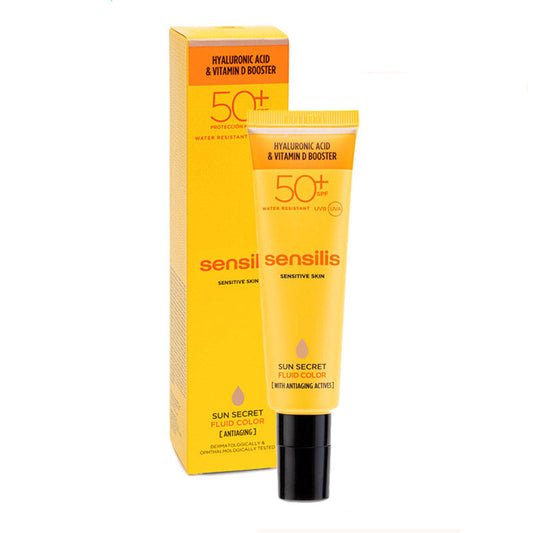 sensilis sun secret fluid color, solaire teinté anti âge, crème solaire visage teintée, sensilis spf50 maroc, protection solaire anti âge, fluide solaire visage, sensilis maroc, beautyfamily.ma