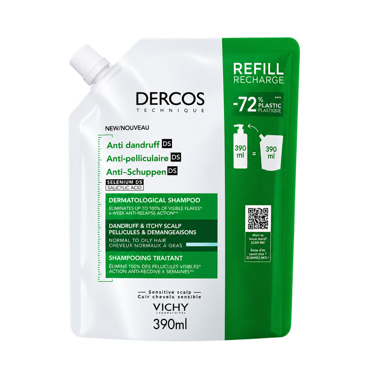 VICHY DERCOS SHAMPOOING ANTI-PELLICULAIRE DS RECHARGE 390 ML CHEVEUX NORMAUX À GRAS 390ML
