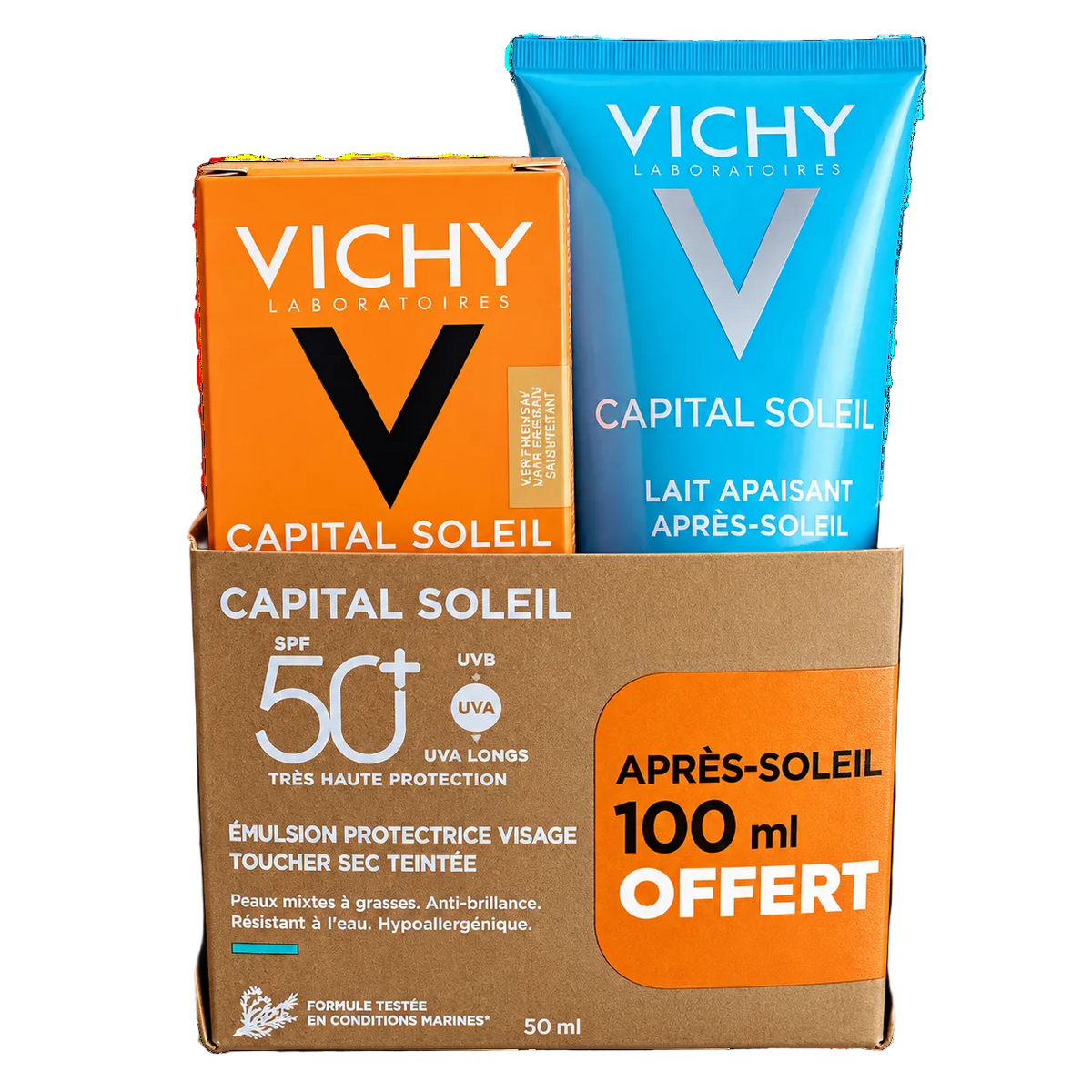 VICHY CAPITAL SOLEIL ÉMULSION PROTECTRICE VISAGE TOUCHER SEC TEINTÉE SPF 50+ LAIT APAISANT APRÈS-SOLEIL OFFERT