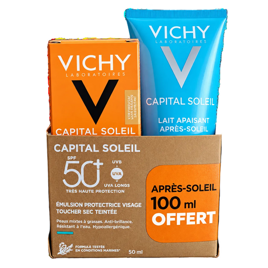 VICHY CAPITAL SOLEIL ÉMULSION PROTECTRICE VISAGE TOUCHER SEC TEINTÉE SPF 50+ LAIT APAISANT APRÈS-SOLEIL OFFERT