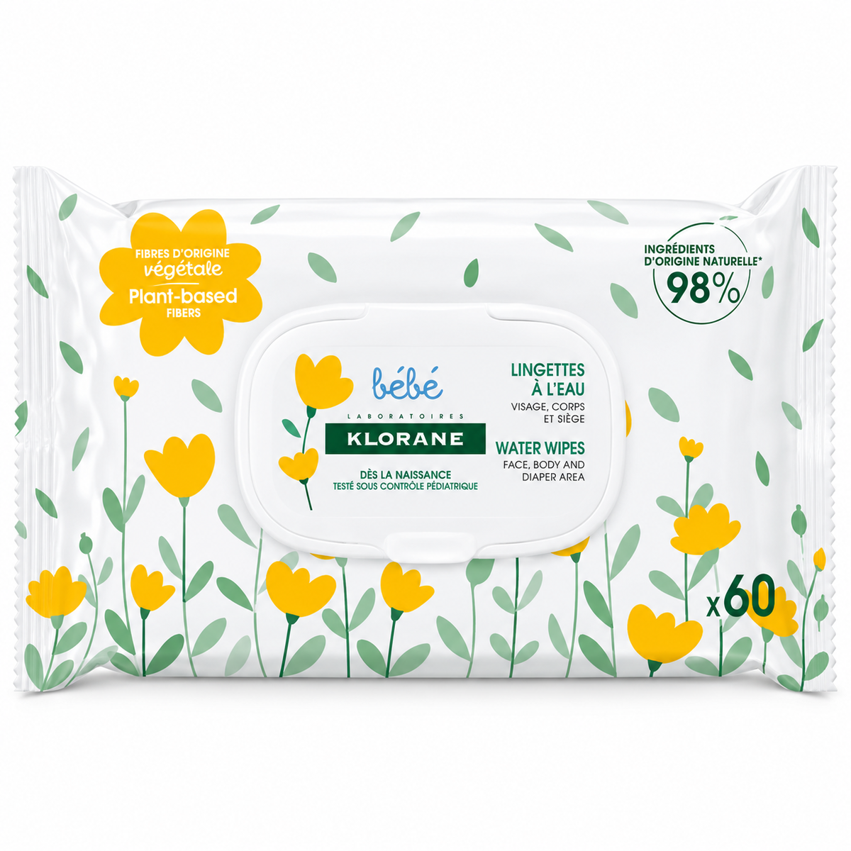 KLORANE BÉBÉ LINGETTES NETTOYANTES À L’EAU 60 UNITÉS