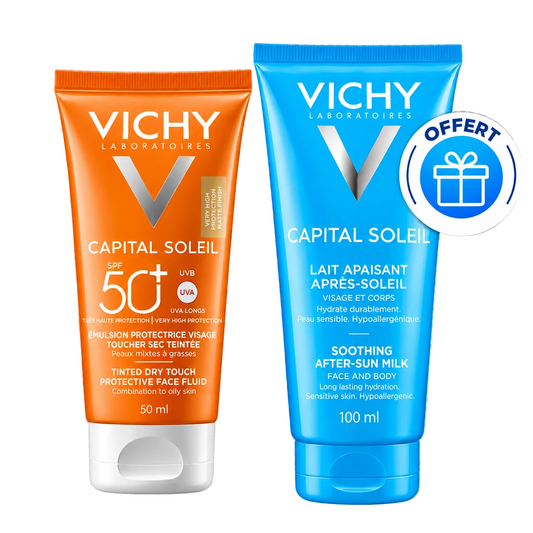 VICHY CAPITAL SOLEIL ÉMULSION PROTECTRICE VISAGE TOUCHER SEC TEINTÉE SPF 50+ LAIT APAISANT APRÈS-SOLEIL OFFERT